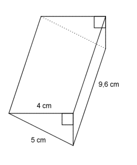 Rett, trekantet prisme med høyde 9,6 cm. Trekanten er rettvinklet, hypotenusen har lengde 5 cm. Den lengste kateten har lengde 4 cm.